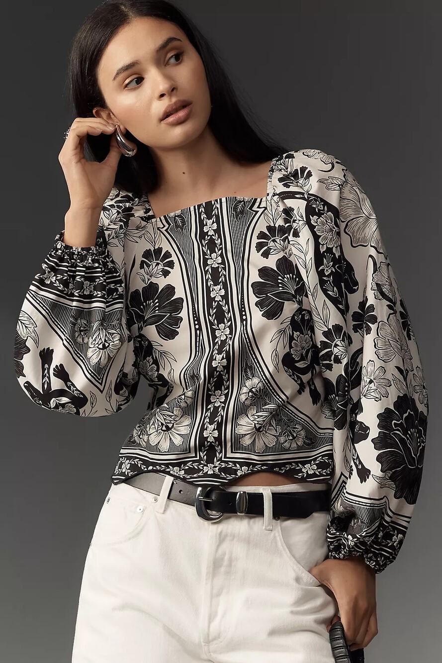 Farm Rio Black & White Leopard Floral Long Sleeve Blouse Women's Medium